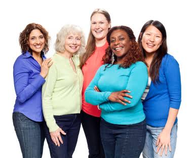 A joyful group of women of all ages and backgrounds smiling together